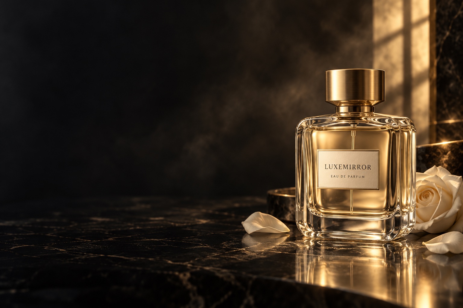 LuxeMirror champagne fragrance with ivory rose petals on dark stone