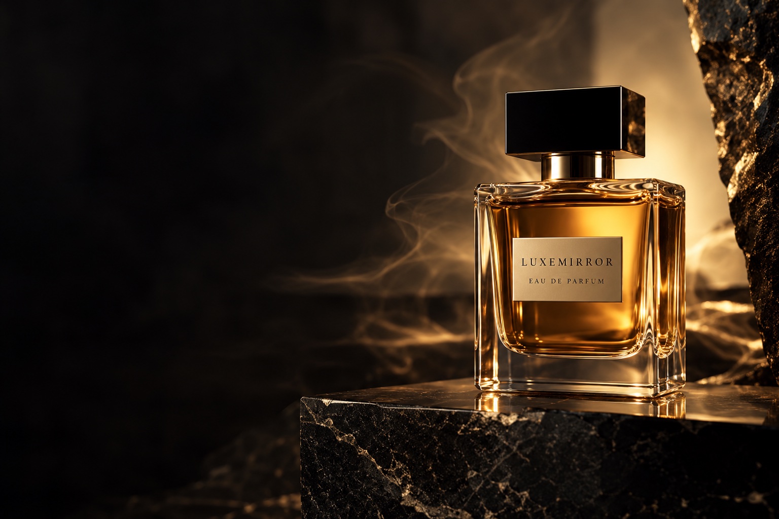 LuxeMirror amber fragrance in warm golden light