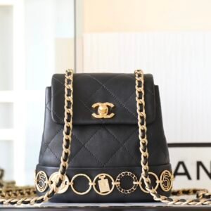 Chanel 23B Small Charm Backpack Black Calfskin Aged Gold Hardware